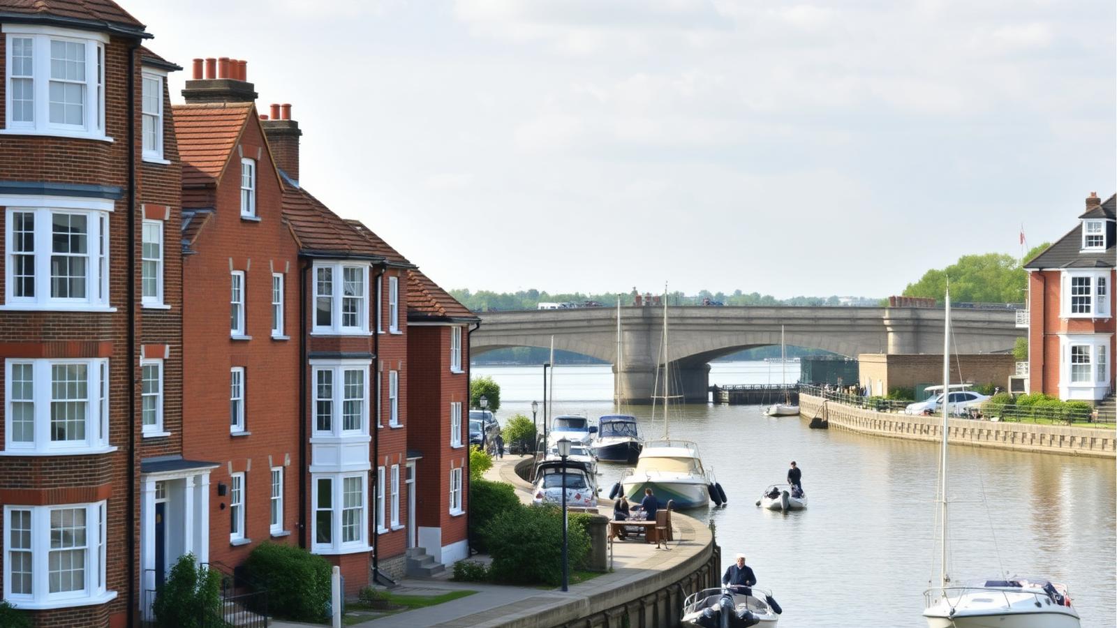 Riverside brick townhouses with white sash windows beside the Thames and bridge at Kingston upon Thames