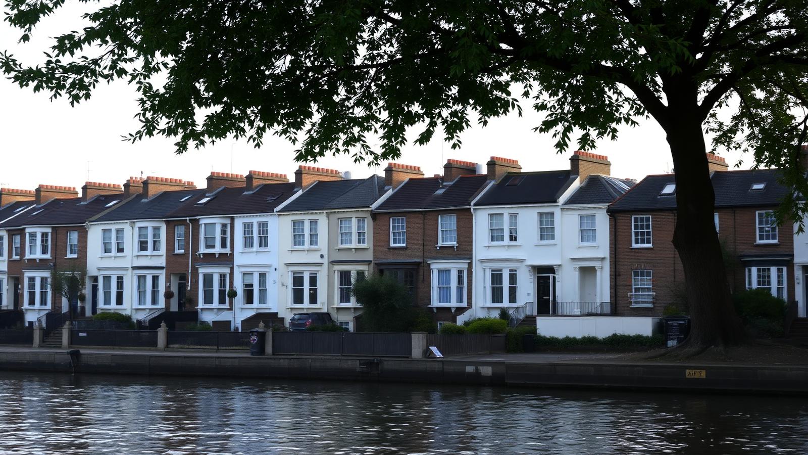 Victorian terraced houses with white sash bay windows along the Putney riverside in South West London