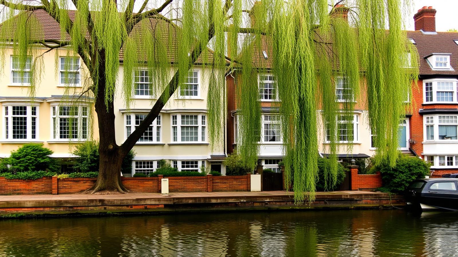 Riverside Twickenham houses with white sash and casement windows beside the Thames and willow trees