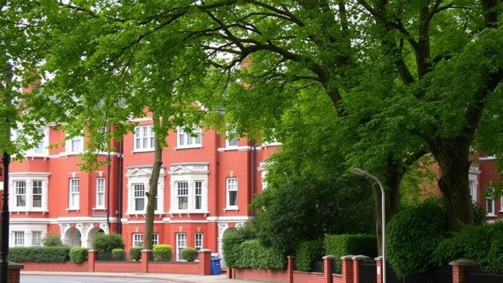 Large red brick Edwardian villas with white bay windows on a leafy Wimbledon street in South West London