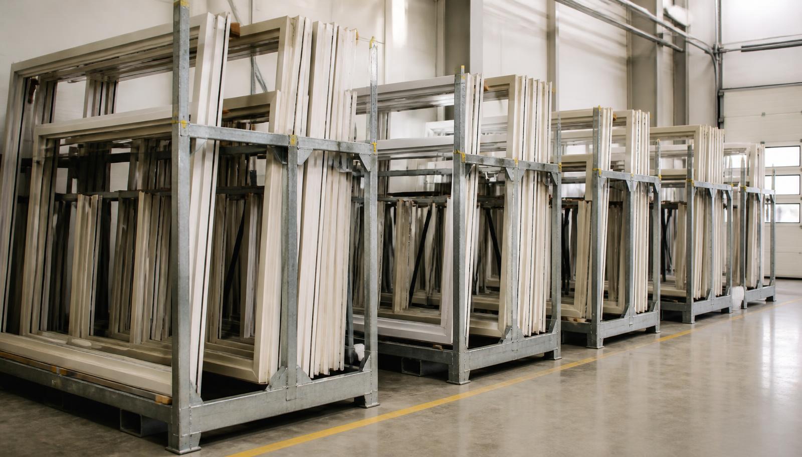 Finished window frames stacked in protective racking in a joinery factory dispatch bay for trade supply